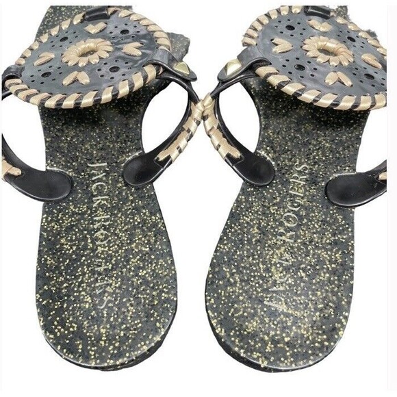 Jack Rogers Georgica Sparkle Glitter Jelly Flip Flops Sandals 7 Black Gold - Picture 3 of 10